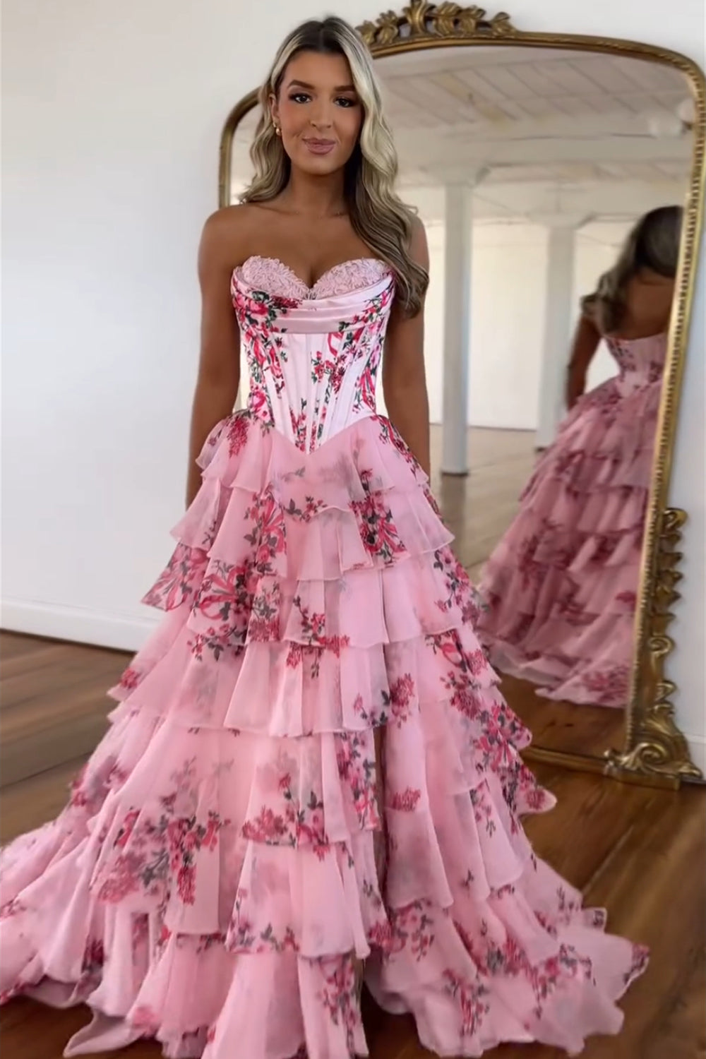 Floral Blush A-Line Strapless Corset Tiered Long Chiffon Prom Dress with Slit