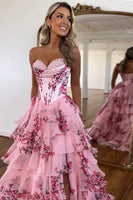 Load image into Gallery viewer, Floral Blush A-Line Strapless Corset Tiered Long Chiffon Prom Dress with Slit
