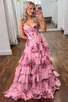 Load image into Gallery viewer, Floral Blush A-Line Strapless Corset Tiered Long Chiffon Prom Dress with Slit