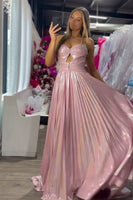 Load image into Gallery viewer, Metallic Blush A-Line Spaghetti Straps Beaded Ruched Long Prom Dress with Slit