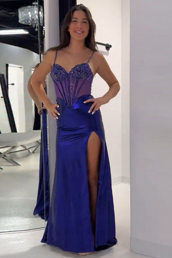 Sparkly Golden Metallic Mermaid Corset Long Prom Dress with Slit