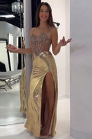 Load image into Gallery viewer, Sparkly Golden Metallic Mermaid Corset Long Prom Dress with Slit
