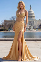 Load image into Gallery viewer, Sparkly Golden Mermaid Spaghetti Straps Beaded Corset Long Prom Dress with Slit