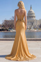 Load image into Gallery viewer, Sparkly Golden Mermaid Spaghetti Straps Beaded Corset Long Prom Dress with Slit