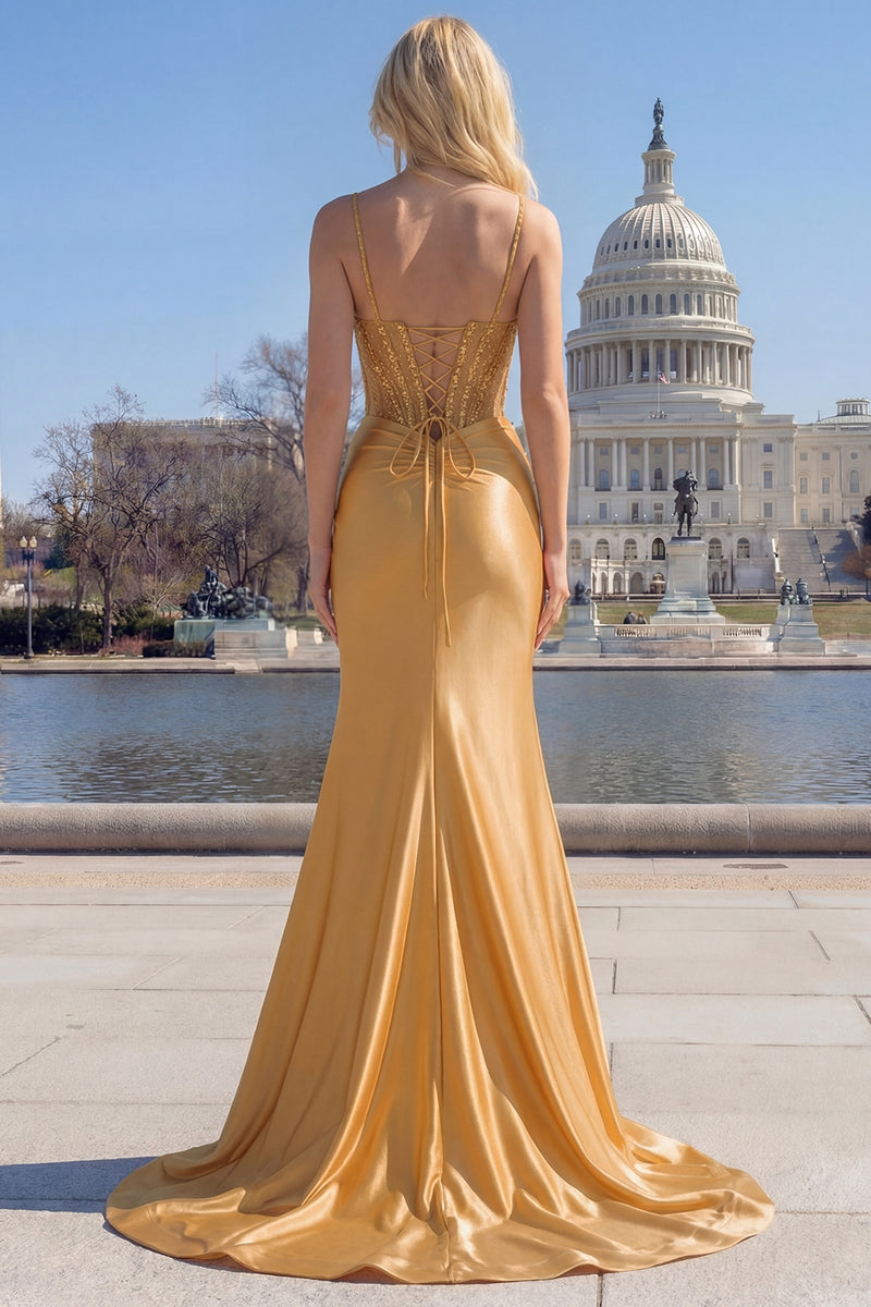 Load image into Gallery viewer, Sparkly Golden Mermaid Spaghetti Straps Beaded Corset Long Prom Dress with Slit