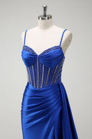 Load image into Gallery viewer, Sparkly Royal Blue Mermaid Spaghetti Straps Beaded Corset Satin Long Prom Dress with Slit