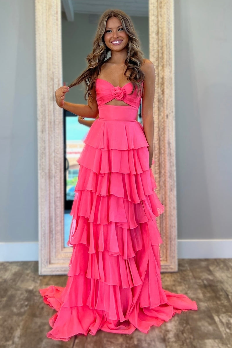 Load image into Gallery viewer, Blush A-Line Flower Strapless Ruffles Long Prom Dress with Slit