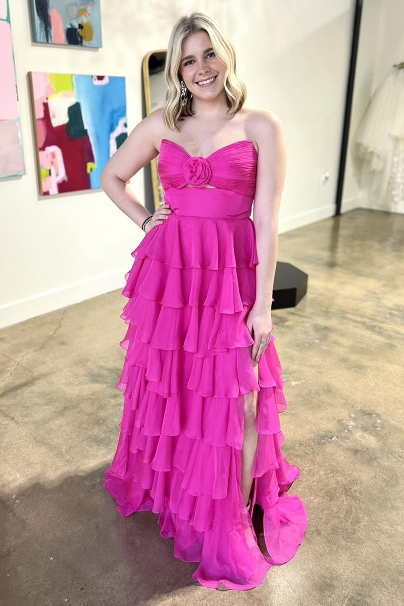 Load image into Gallery viewer, Blush A-Line Flower Strapless Ruffles Long Prom Dress with Slit
