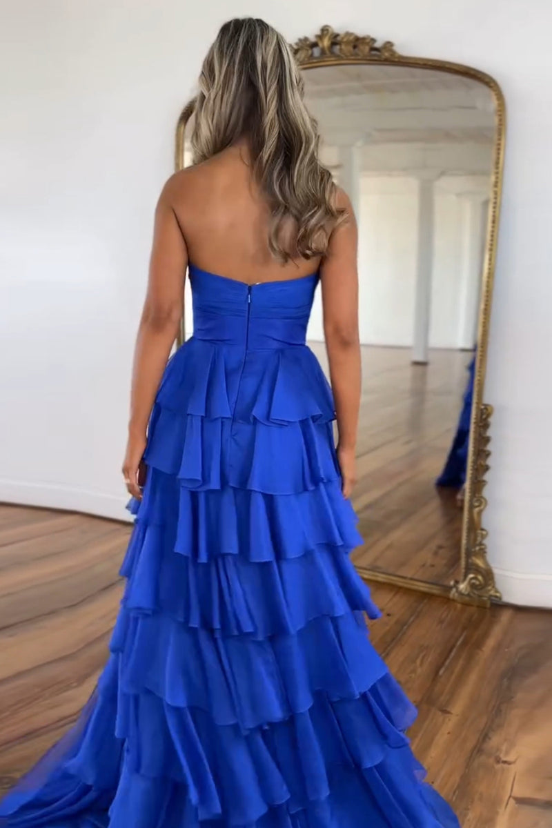 Load image into Gallery viewer, Blush A-Line Flower Strapless Ruffles Long Prom Dress with Slit