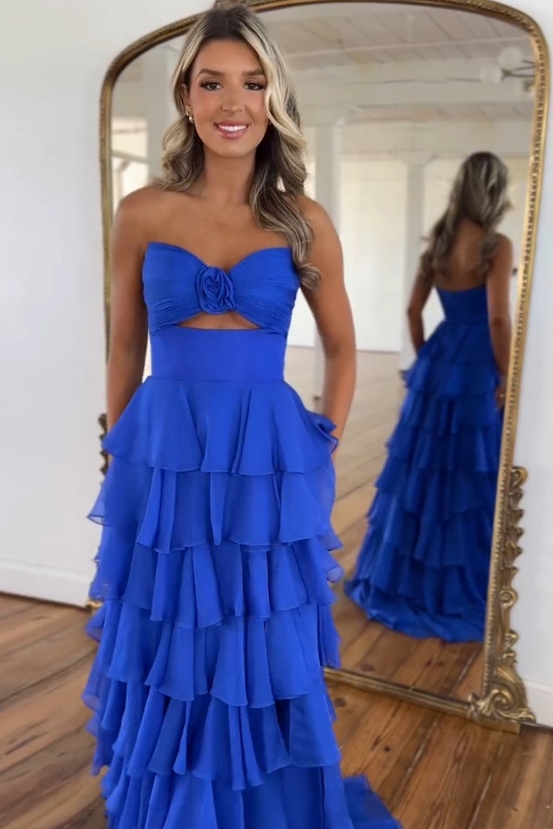 Load image into Gallery viewer, Blush A-Line Flower Strapless Ruffles Long Prom Dress with Slit