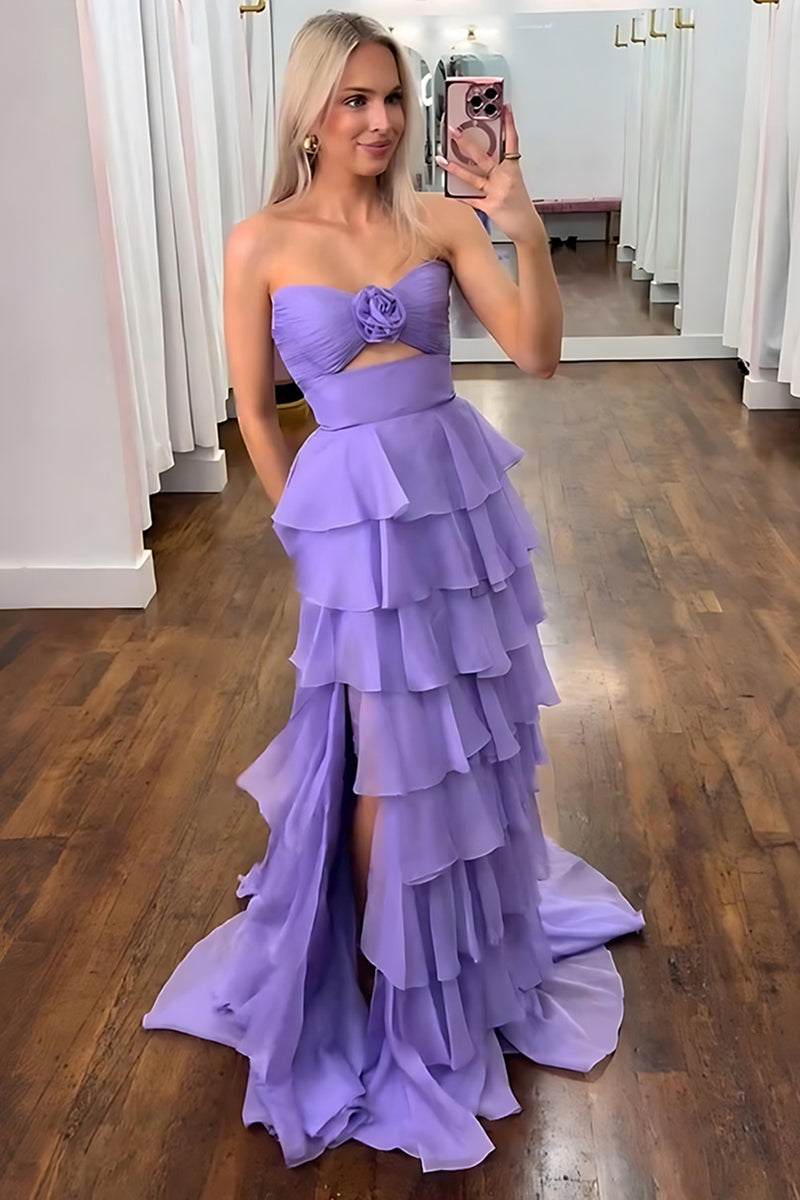 Load image into Gallery viewer, Royal Blue A-Line Strapless Flower Ruffles Long Prom Dress with Slit
