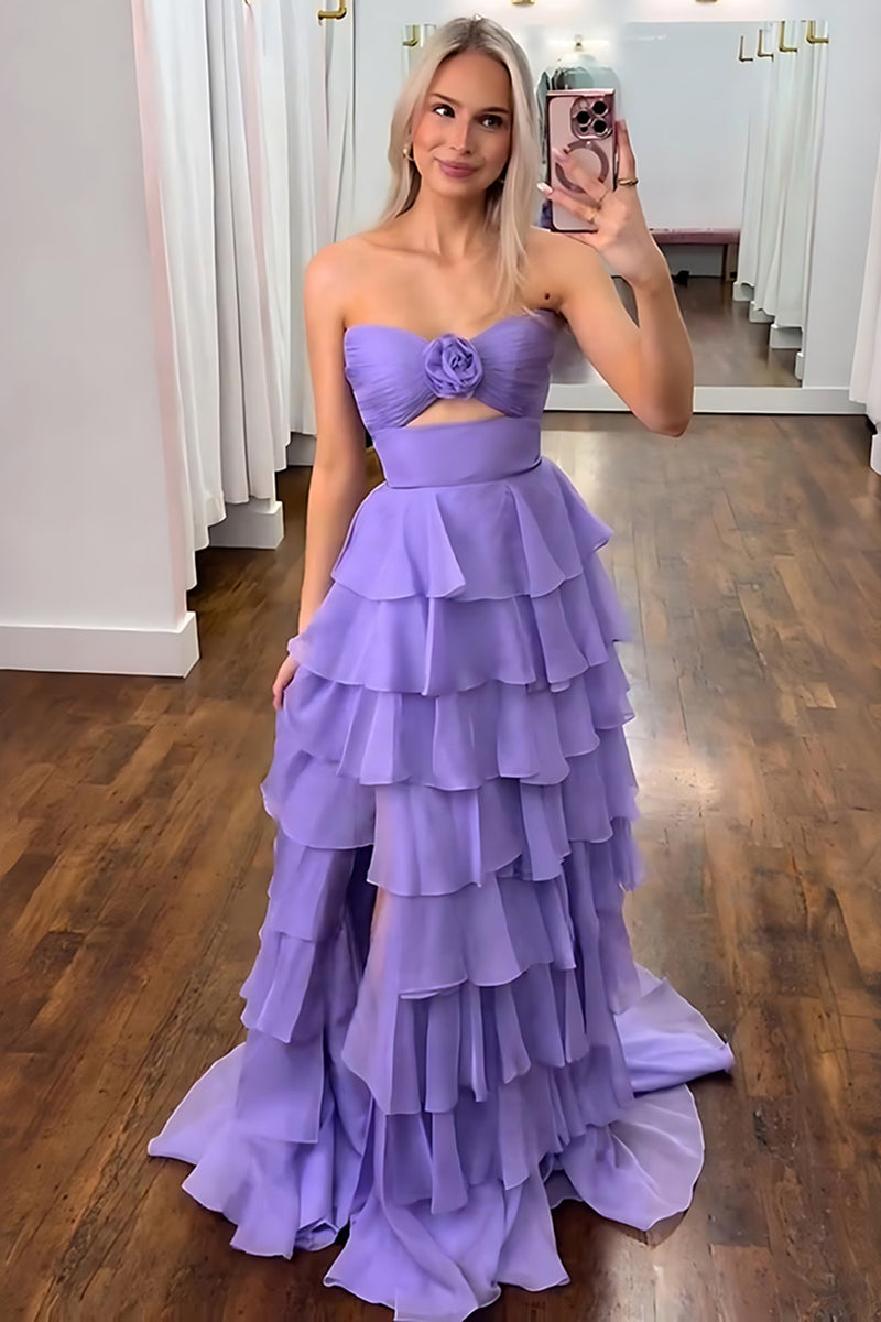 Load image into Gallery viewer, Royal Blue A-Line Strapless Flower Ruffles Long Prom Dress with Slit