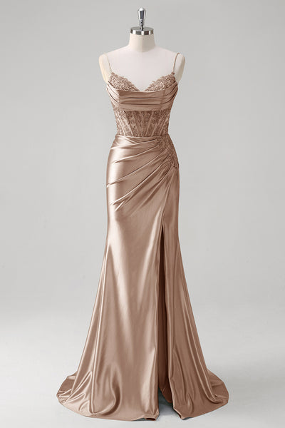 Sparkly Champagne Mermaid Spaghetti Straps Corset Ruched Appliques Long Prom Dress with Slit