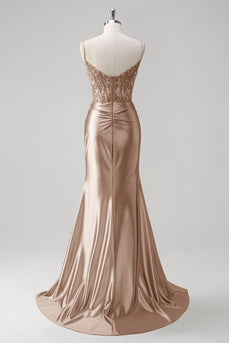 Sparkly Champagne Mermaid Spaghetti Straps Corset Ruched Appliques Long Prom Dress with Slit
