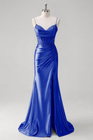 Load image into Gallery viewer, Sparkly Champagne Mermaid Spaghetti Straps Corset Ruched Appliques Long Prom Dress with Slit