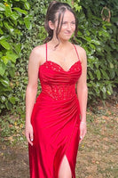 Load image into Gallery viewer, Sparkly Royal Blue Mermaid Ruched Corset Sequined Satin Long Prom Dress