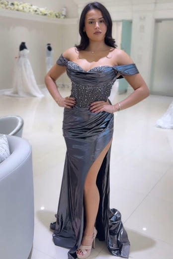 Sparkly Grey Mermaid Off the Shoulder Beaded Corset Ruched Satin Long Prom Dress with Slit