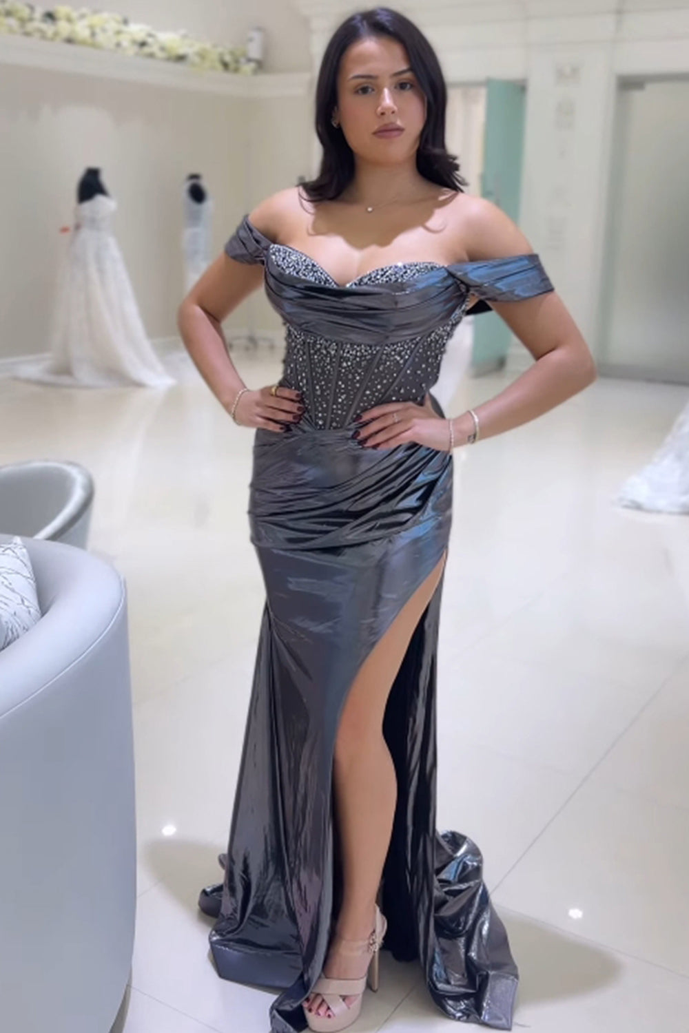 Sparkly Grey Mermaid Off the Shoulder Beaded Corset Ruched Satin Long Prom Dress with Slit