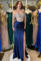 Load image into Gallery viewer, Sparkly Navy Long BeadedProm Dress with Fringes