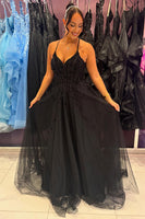 Load image into Gallery viewer, Sparkly Black A Line V-Neck Corset Long Prom Dress