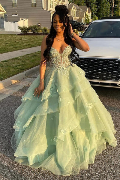 Princess Ball Gown Floral Sage Corset Tulle Prom Dress with Appliques A Line Spaghetti Straps Long Formal Dress with Lace Up