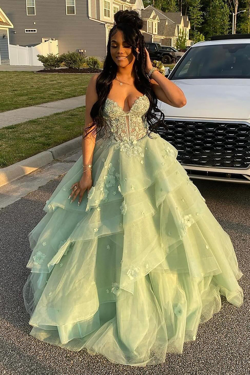 Queendancer Women Floral Sage Corset Tulle Prom Dress with Appliques A Line Spaghetti Straps Long Formal Dress with Lace Up queendanceruk Queendancer Women Floral Sage Corset Tulle Prom Dress with Appliques A Line Spaghetti Straps Long Formal Dress with Lace Up queendanceruk