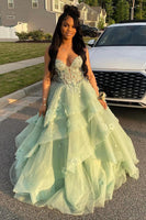 Load image into Gallery viewer, Princess Sage A Line Long Corset Prom Dress with Appliques