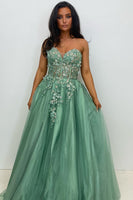 Load image into Gallery viewer, Sparkly Sage Corset Strapless Long Tulle Prom Dress with Appliques