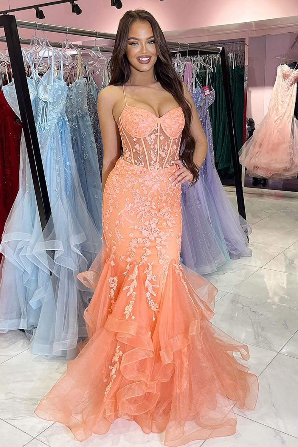 Women Sparkly Orange Corset Mermaid Long Prom Dress with Appliques Floral Tulle Spaghetti Straps Formal Dress