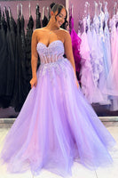 Load image into Gallery viewer, Women Sparkly Lilac Corset Strapless Prom Dress with Appliques Tulle A Line Long Formal Dress with Slit