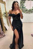 Load image into Gallery viewer, Sparkly Black Corset Off The Shoulder Long Prom Dress with Slit