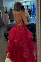 Load image into Gallery viewer, Sparkly Fuchsia Corset A Line Tiered Long Prom Dress with Lace Up Back