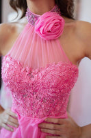 Load image into Gallery viewer, Sparkly Hot Pink A-Line Halter Flower Appliques Tiered Long Prom Dress with Slit