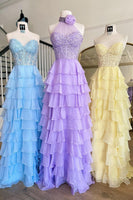 Load image into Gallery viewer, Sparkly Hot Pink A-Line Halter Flower Appliques Tiered Long Prom Dress with Slit