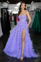 Load image into Gallery viewer, Lilac A-Line Strapless Tiered Tulle Long Prom Dress with Slit