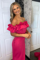 Load image into Gallery viewer, Fuchsia Bodycon Ruffled Off the Shoulder Maxi Prom Dress