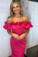 Load image into Gallery viewer, Women Fuchsia Long Prom Dress Mermaid Ruffle Off the Shoulder Satin Evening Dress