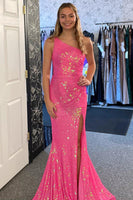 Load image into Gallery viewer, Sparkly Fuchsia Mermaid One Shoulder Sequins Long Prom Dress with Slit
