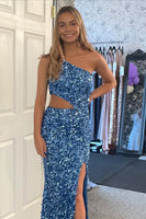 Load image into Gallery viewer, Sparkly Sky Blue Mermaid One Shoulder Sequins Long Prom Dress with Slit