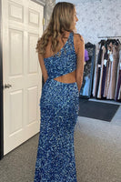 Load image into Gallery viewer, Sparkly Sky Blue Mermaid One Shoulder Sequins Long Prom Dress with Slit