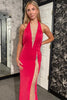 Load image into Gallery viewer, Hot Pink Halter V-Neck Long Prom Dress with Lace