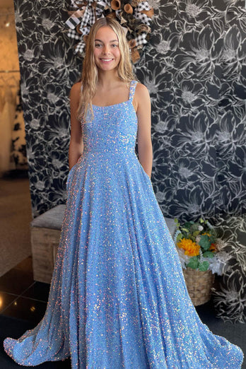 Sparkly Blue Square Neck Spaghetti Straps A Line Long Prom Dress