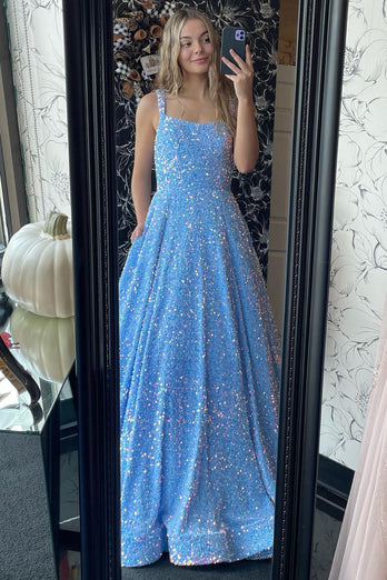 Sparkly Blue Square Neck Spaghetti Straps A Line Long Prom Dress
