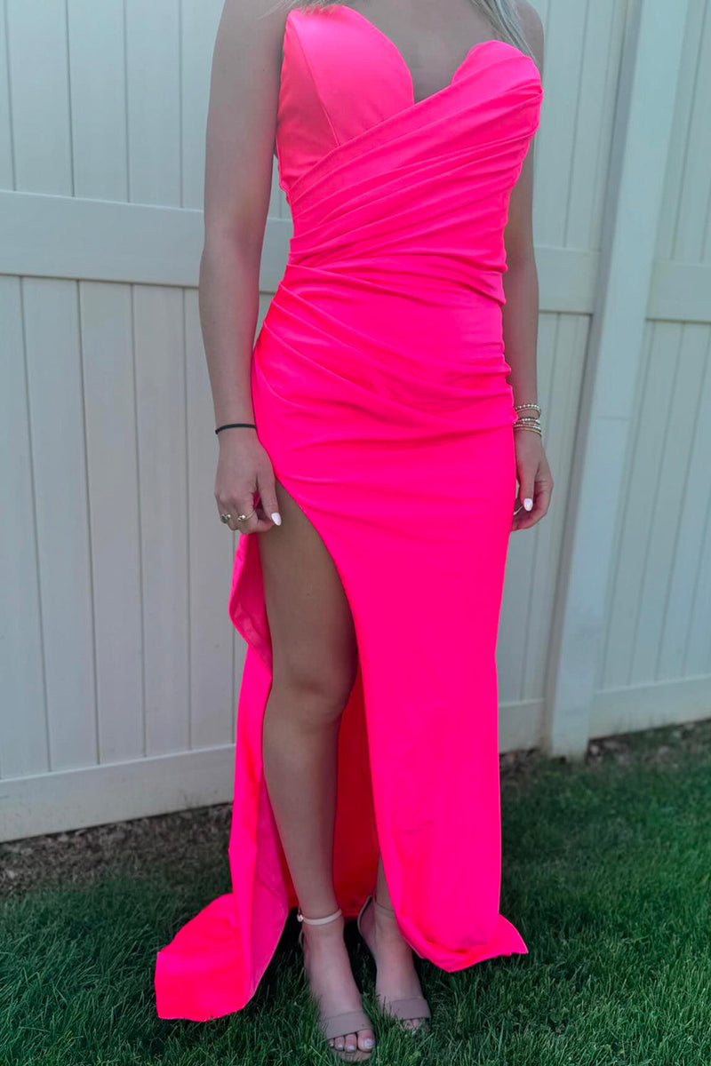 Load image into Gallery viewer, Hot Pink Mermaid Sweetheart Ruched Long Prom Dress with Slit