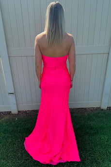 Hot Pink Mermaid Sweetheart Ruched Long Prom Dress with Slit