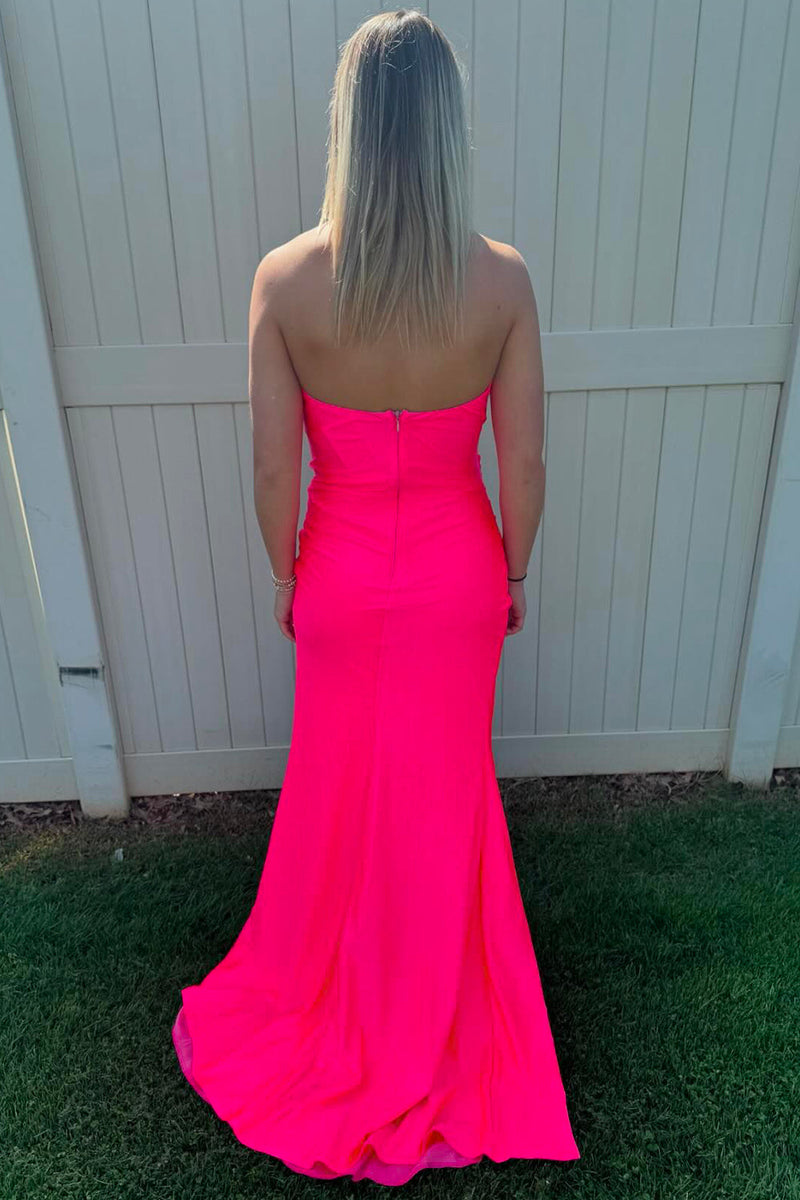 Load image into Gallery viewer, Hot Pink Mermaid Sweetheart Ruched Long Prom Dress with Slit