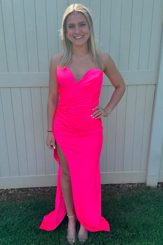Hot Pink Mermaid Sweetheart Ruched Long Prom Dress with Slit