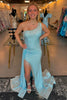 Load image into Gallery viewer, Sparkly Light Blue One Shoulder Long Prom Dress with Fringes