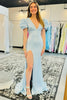 Load image into Gallery viewer, Sparkly Blue Long Puff Sleeves Prom Dress with Slit