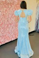 Load image into Gallery viewer, Sparkly Blue Long Puff Sleeves Prom Dress with Slit